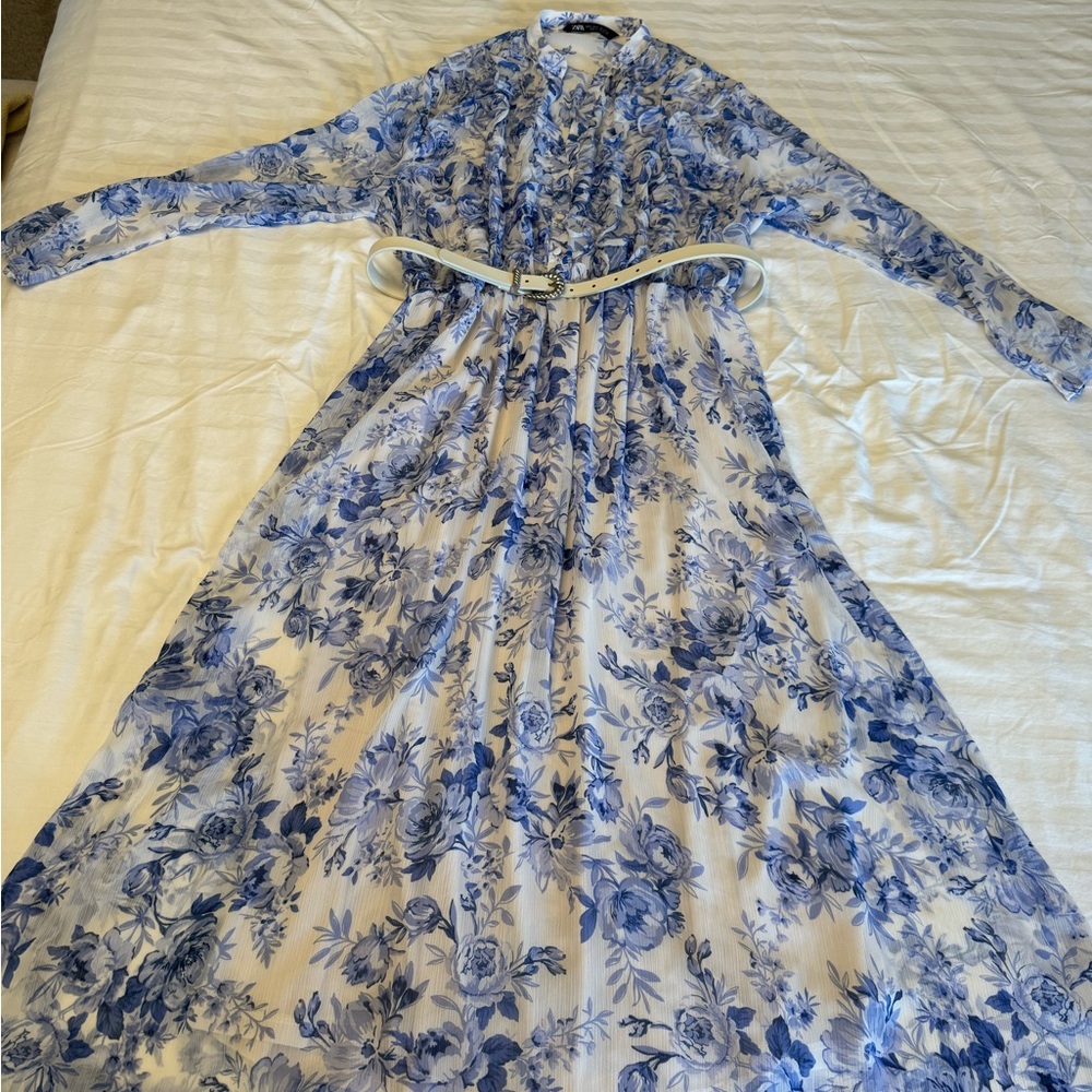 Zara Blue Floral Long Sleeve Maxi Dress